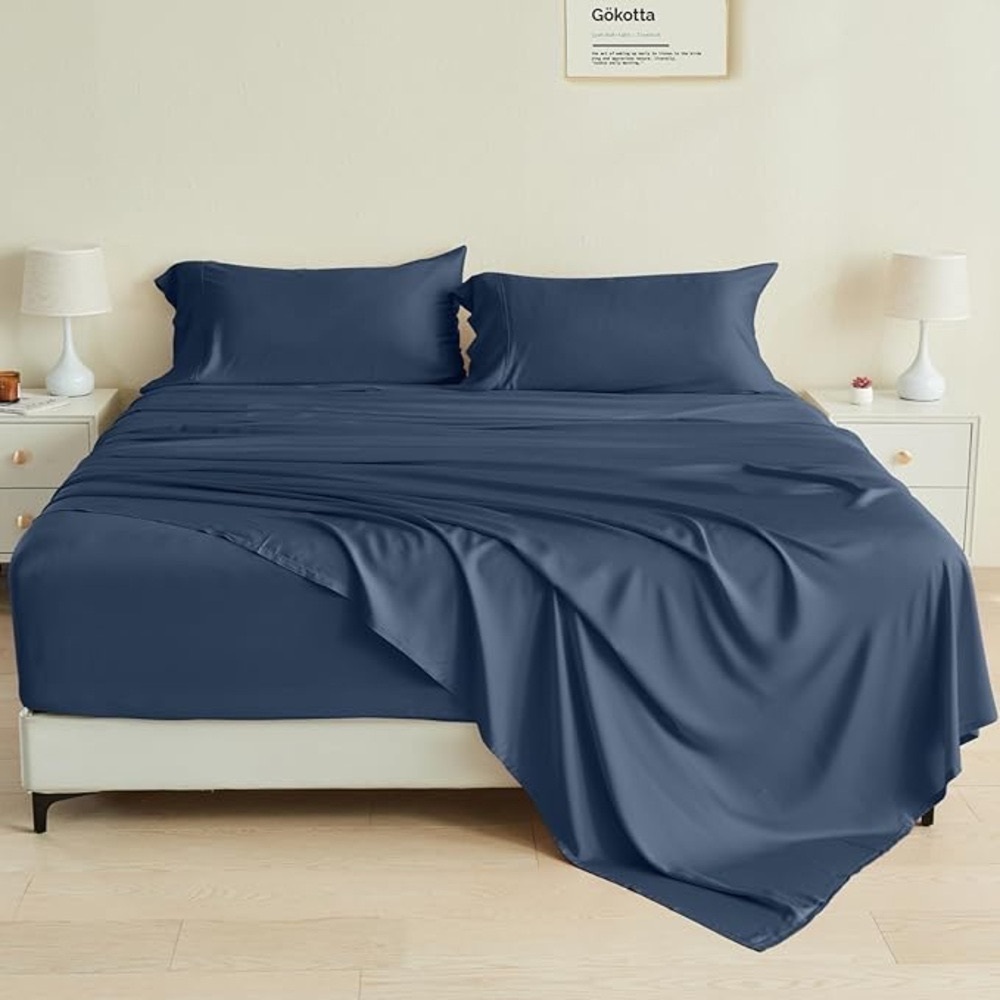 GOKOTTA King Size Bed Sheets 4 PC Set, Super Soft Bamboo Sheets, Navy Blue. NEW